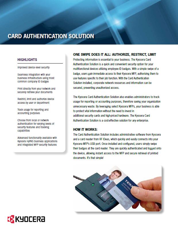 Kyocera Software Cost Control And Security Card Authentication Data Sheet Thumb, General Copiers, Kyocera, Kip, Konica, HP, NY, NJ, New York, New Jersey