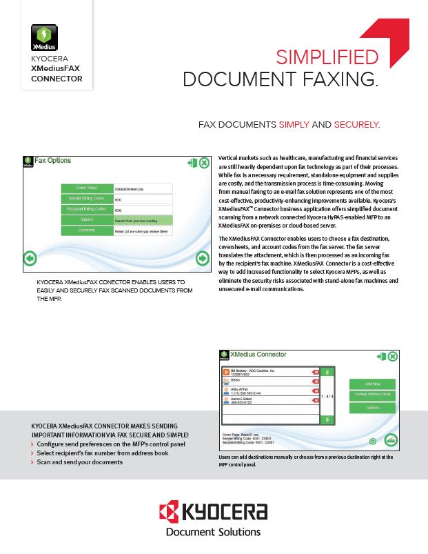 Kyocera Software Document Management Xmediusfax Connector Data Sheet Thumb, General Copiers, Kyocera, Kip, Konica, HP, NY, NJ, New York, New Jersey