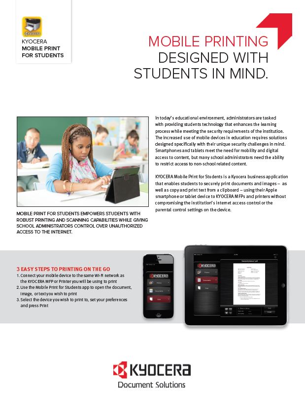 Kyocera Software Mobile And Cloud Kyocera Mobile Print For Students Data Sheet Thumb, General Copiers, Kyocera, Kip, Konica, HP, NY, NJ, New York, New Jersey