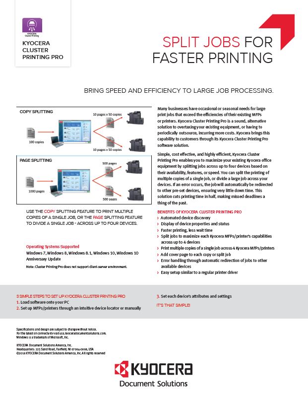 Kyocera Software Output Management Kyocera Cluster Printing Pro Data Sheet Thumb, General Copiers, Kyocera, Kip, Konica, HP, NY, NJ, New York, New Jersey